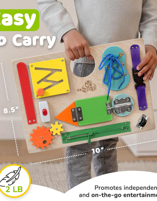 Load image into Gallery viewer, Montessori Busy Board for Toddlers, Kids Sensory Toy Wooden Activity Board with 10 Preschool Educational Activities to Develop Fine Motor Skills, Travel Toy, Boys &amp; Girls Gift
